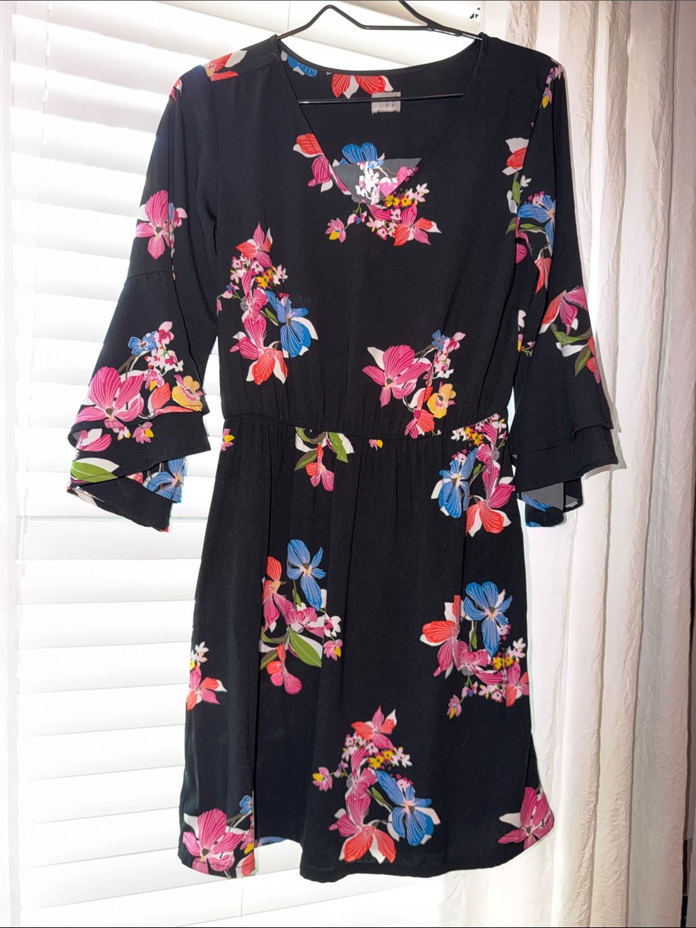 a new day Black Floral V-Neck Mini Dress with Ruffled Sleeves